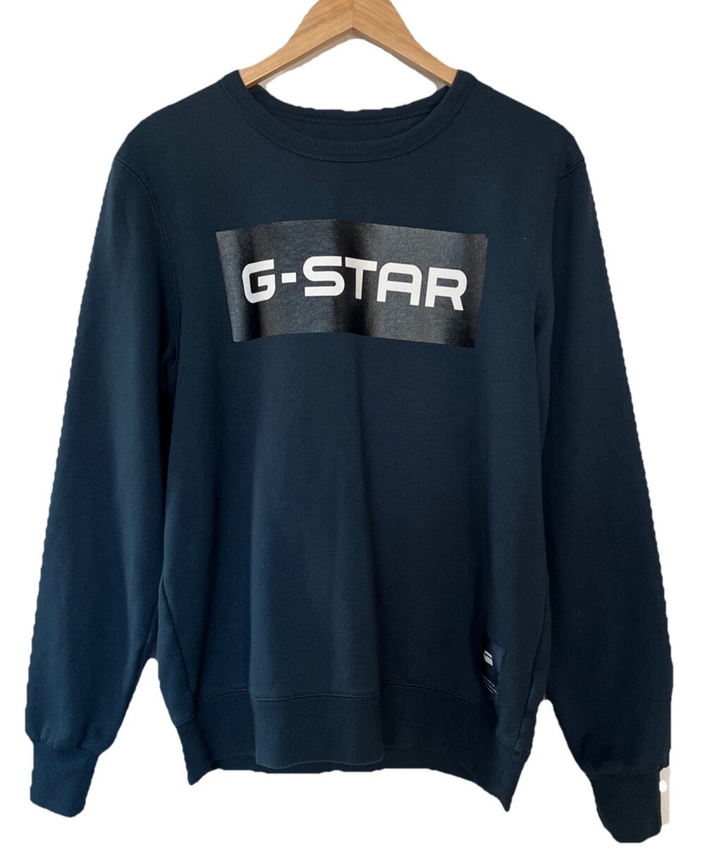 G-Star Raw Sweatshirt Mens Large Blue/Block Logo Crew Neck Fleece Pullover